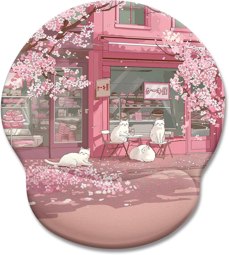 LIMKRIAN Cat Ergonomic Mouse Pad with Wrist Rest, Pink Cherry Blossom Computer Mouse Pad Wrist Support with Non-Slip Pain Relief PU Base, Cute Office Desk Decor Accessories Japanese Dessert House - Image 1